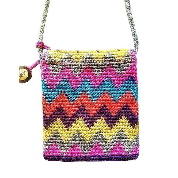 The Sak Multicolored Chevron Design Crochet Bohemian Coquette Crossbody Bag EUC - Picture 5 of 10